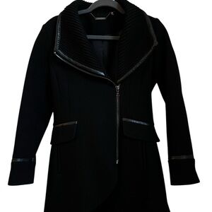 Trina Turk Wool Coat Size 10 Small Black Jacket Mackenzie Leather Trim vintage